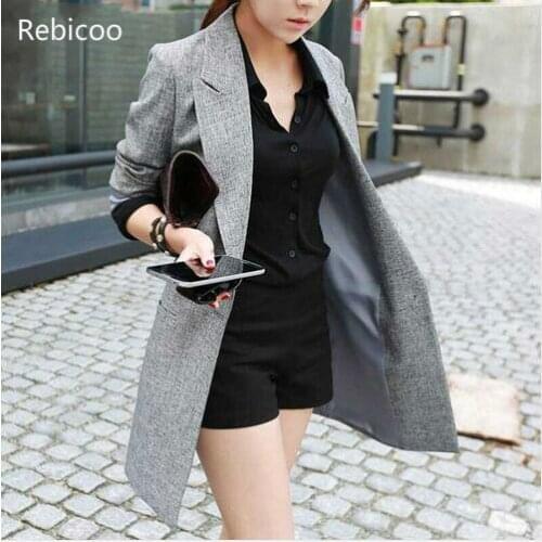 Hot Selling Spring Women Casual Long Thin Blazers Coats Notched Collar Full Sleeve Single Button Fashion Cardigans