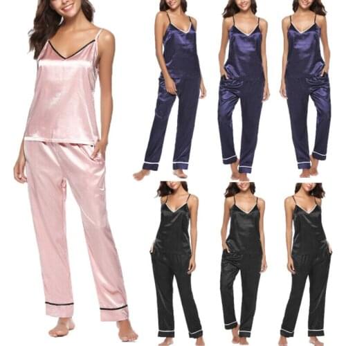 2pcs Pyjama Set Womens Sling V collar Satin Silk stripe Lounging Nightgown Negligee Sleepwear Underwear