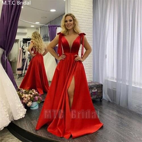 Red Long Formal Prom Dresses Side Slit V Neck Satin Wedding Party Dress Plus Size Girls Graduation Gowns Robe De Soiree Cheap
