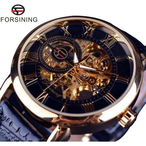 Forsining No Cardboard Box Mens Watches Top Brand Luxury Mechanical Skeleton Watches Black Golden 3D Literal Design Roman Number