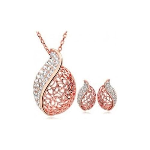 Wholesale White hollow leaf pendant rhinestone Crystal Jewelry Sets necklace earrings fashion party gift