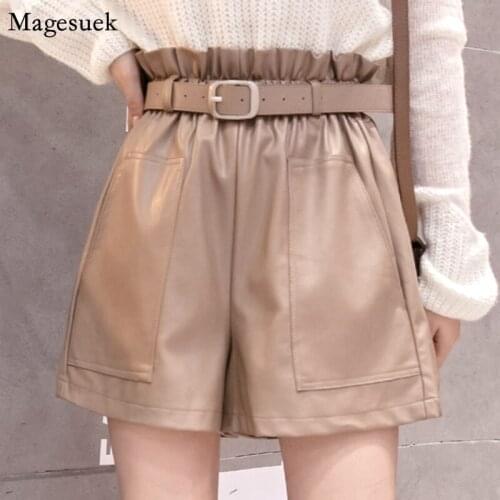 Autumn Winter High Waist PU Leather Shorts Women Casual Solid Wide Leg Leather Shorts With Belt Loose Women Short Pants 6312 50