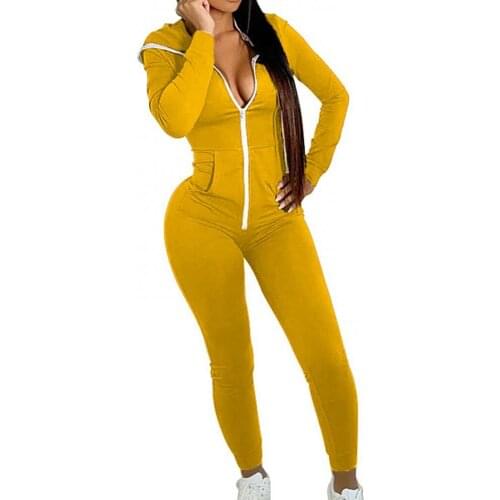 Autumn Women Playsuit Casual Long Sleeve Tracksuit Solid Color Zipper Hoodie Pocket Skinny Slim Jumpsuit Overall Romper