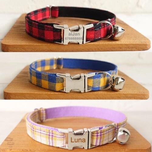 Cat Collar Name Personalized Yorshire Kitten Chihuahua Collars with Bell Adjustable Plaid Pattern Collar Engraving Tag Nameplate