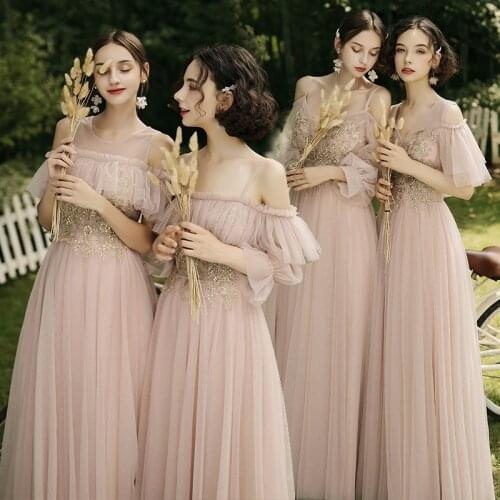 Bridesmaids Dresses Illusion O-Neck Embroidery Sequined Floor-Length Lace Tulle Off The Shoulder Women Wedding Party Gown E211