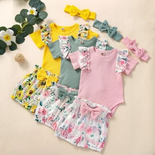 Lovely Toddler Infant Summer Clothing Short Sleeve Romper+Shorts+Bow Headband 3PCS Flower Print Ruffle Decoration Clothes Set