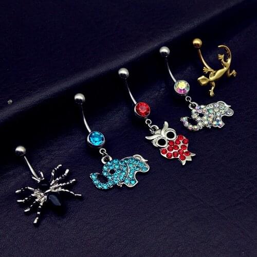 5pcs mix style anmail elephant owl spider gecko dangle navel belly bar button rings body piercing jewelry