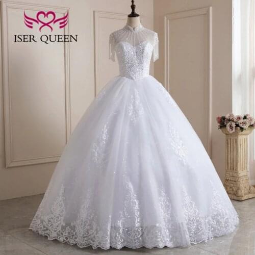 High Neck Luxury Beading wedding dress 2020 Pearls Crystal Sequin Beaded Top Lace Appliques Plus Size Wedding Dresses WX0227