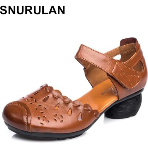 SNURULAN Summer Comfort With Thick Heel Genuine Leather Sandals Mother Shoes Non-slip Rubber Bottom Women Cow Leather Shoes