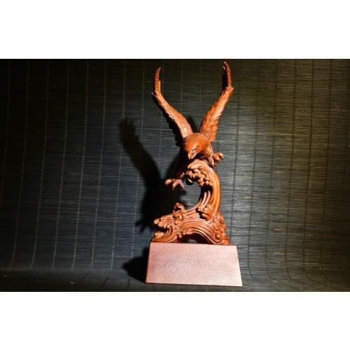 8" China Lucky Old Boxwood Hand-carved Eagle statue Dapeng Spreading Wings Grand plans Exorcism Ward off evil spirits Town House