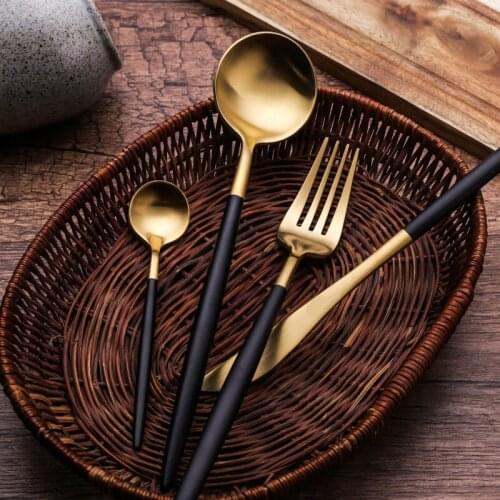 304 Stainless Steel Black Handle Tableware Fork Knife Soup Dessert Spoon Steak Knife Pasta Flatware household Gathering Dinner