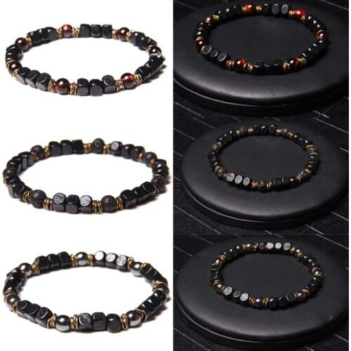 Vintage Elastic Jewlery Men Bracelets Meditation Square Wood Hematite Stone Beads Bangle Women Bronze Spacer Slice Charm Pulsera