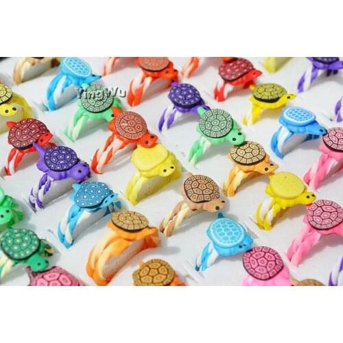 Yingwu 50Pcs/lot Colorful Cartoon Animal Turtle Mixed Polymer Clay Children Kids Boys Girl Finger Rings Christmas Gift Ring