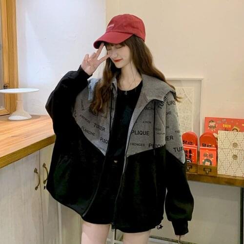 Autumn And Winter Hoodies Jacket Korean 2021 New Design Sense Contrast Letters Loose Mid-length Large Size Women Zip Up Hoodie