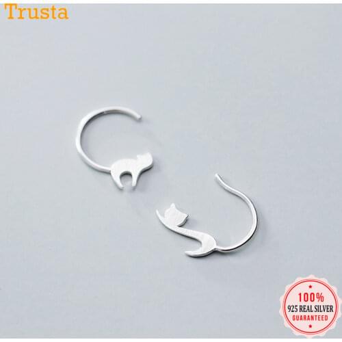 Trusta New Womens Fashion 925 Sterling Silver Tiny Cute Asymmetric Cat Stud Earrings For Women Girls Kids Jewelry Gift DA487