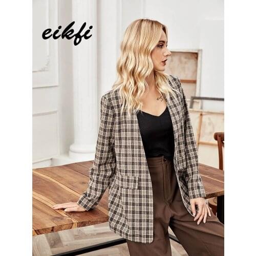 EIKFI Elegant Spring Autumn Plaid Women Blazer Coat Causal Long Sleeve Tweed Coat Short Office Ladies Pocket Women Suit Blazer