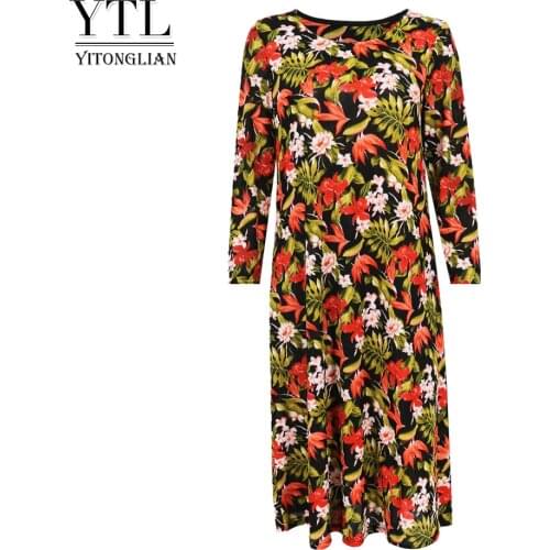 YTL Women 2021 Flower Print Casual Shift Dress 3/4 Sleeve Spring Summer Elegant Plus Size Loose Dresses for Work Party H419