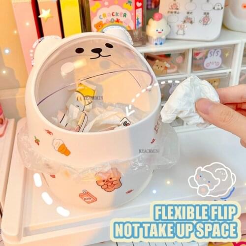 2 Pcs Ins Desktop with Lid Trash Can Mini Kawaii Cute Bear Trash Bin Storage Box Girl Pen Holder Storage Bucket with Flip Top