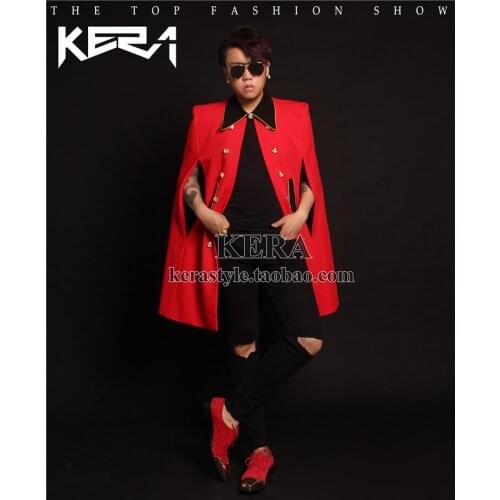 2018 Mens New Dj Red Cloak Long Phnom Penh Black Collar Suit Jackets Plus Size Singer Costumes Clothing Men Blazer