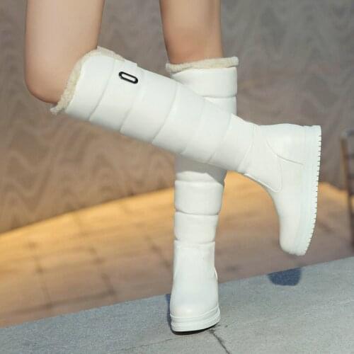 2021 Fashion Belt Buckle Ladies Knee High Boots Winter Warmth Plsuh Lining Snow Boots Female Platform Flat Heel Womens Shoes
