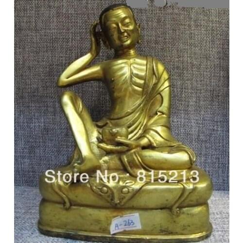 Bi00334 Tibet Buddhism Folk Classical Pure Bronze 24K Gold Milarepa Buddha Arhat Statue