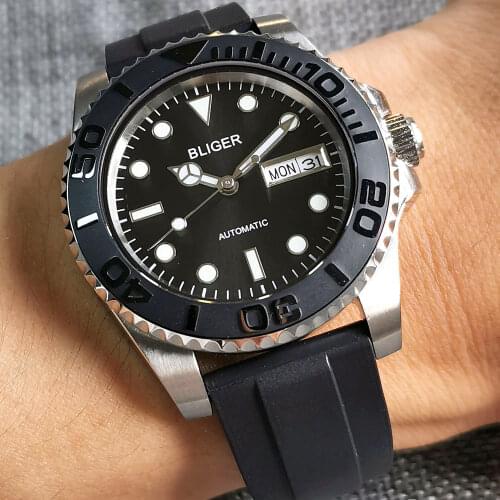 BLIGER Black Self Winding 40mm Men Watch Japan 24 Jewels NH36A White Double Date Weekday Glass Back Luminous Marks Sapphire