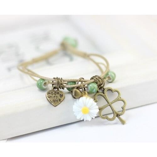 Ceramic Flower and Alloy Leaf Multi-layer Rope Women Bracelets Handmade Charm Small Daisy Iron Tower Pendant Bracelet Gift