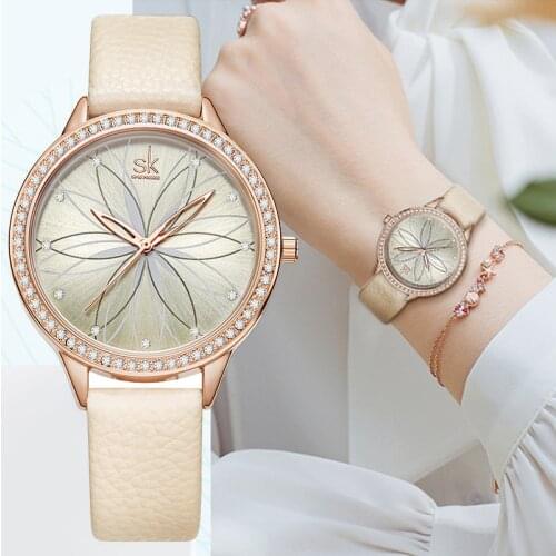 Fashion Womens Watches Diamond Luxury Beige Leather Analog Quartz WristWatch Ladies Flower Dial Women Dress Watch Relogio Mujer