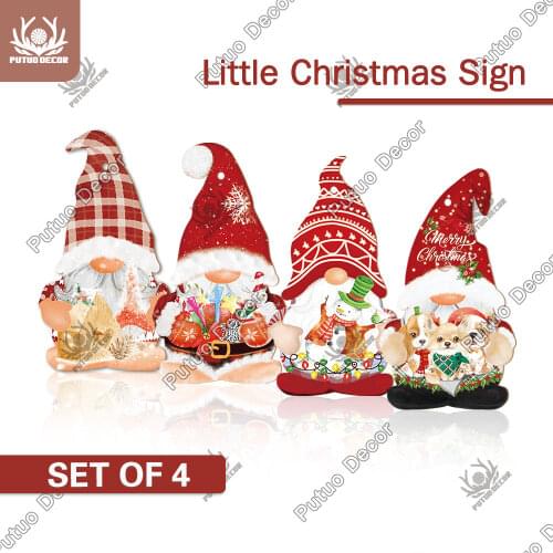 Putuo Decor 4PCS Christmas Signs Gnome Wood signs Wooden Hanging Plaque Lovely Wood Plate Snowman Festival Home Wall Decor Gift