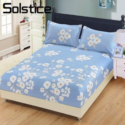Solstice Home Textile Flower Light Blue Bedding Fitted Sheet Girl Kids Woman Adult Bed Mattress Cover 100% Cotton 90X200 200X220