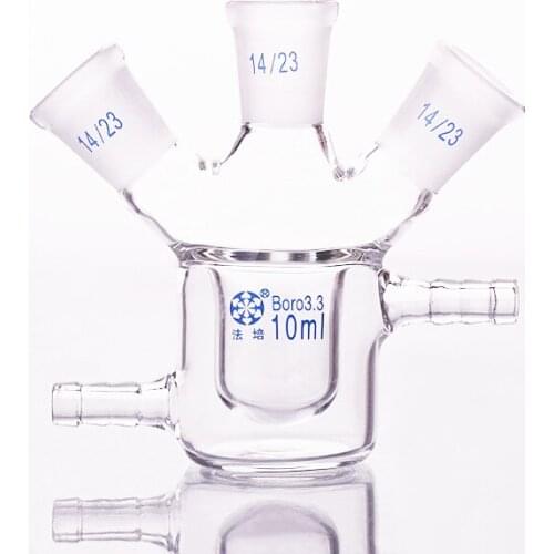 Double-deck cylindrical three-necked bottom flask,Capacity 10ml,Joint 14/23,Mezzanine jacketed reactor bottle