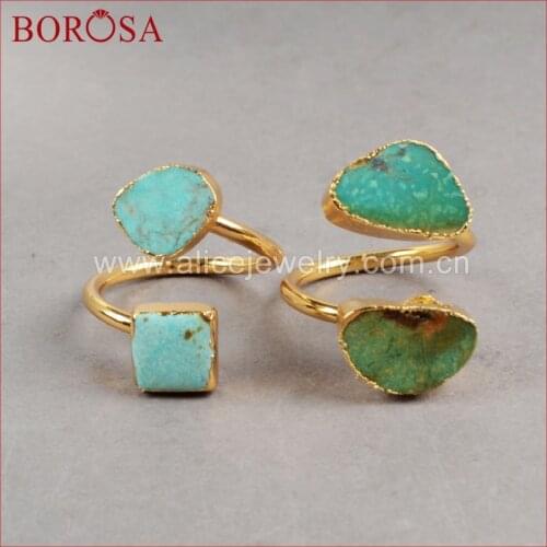BOROSA Pretty Natural Blue Stone Wrap Ring Gold Color Free-form Stone Adjustable Ring Druzy Jewelry Gems for Women G0183