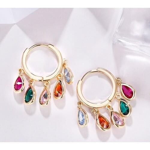 Colorful CZ Water Drop Earrings Multi Zircon Pendant Bling Rhinestone Hoop Earrings Brand Women Girls Jewelry 2021 серьги звезды