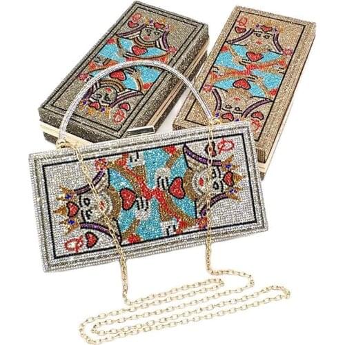 Fashion women evening party shoulder bag crystal queen cross body bag Q playing cards purses