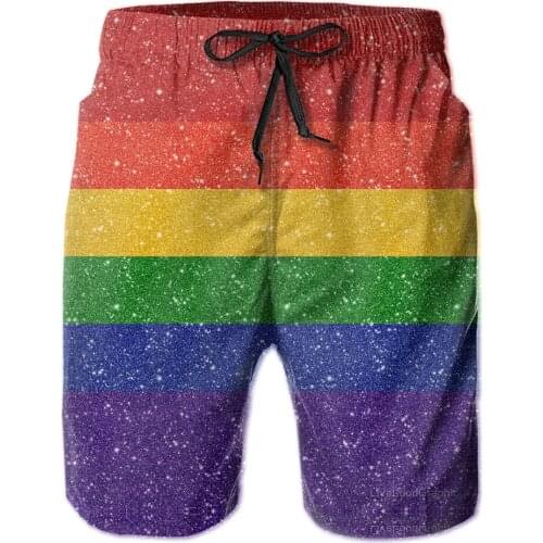Male Shorts Beach R333 Breathable Quick Dry Funny GeekLoose Faux Glitter Rainbow Pride Flag