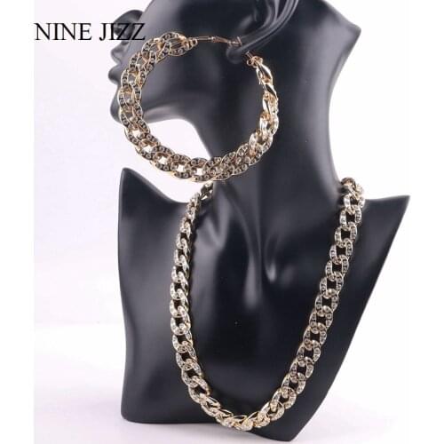 NINEJIZZ Vintage Chain Hoop Earrings For Women Big Gold Round C Shape Earring Necklace Set Brincos Jewelry Female Fashion Gifts