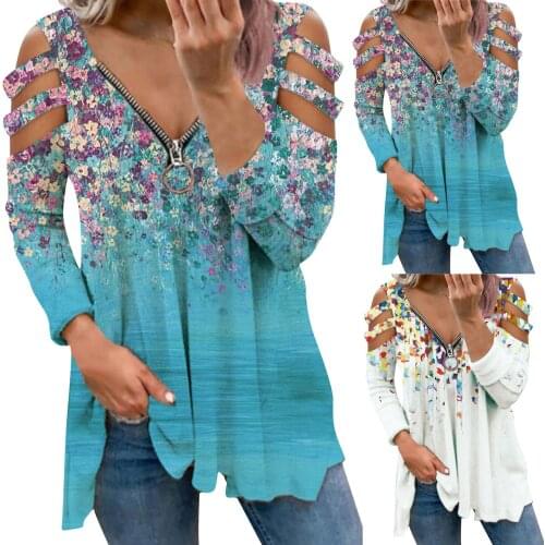 2021 New Hot Spring Autumn Tops Womens Fashion Small Floral V-Neck Zipper Hollow Out Long Sleeve T shirts Tops femininos