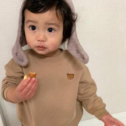 2021 New Fashion Baby Embroidered Bear Sweatshirt Solid Kids Boys Long Sleeve Pullover Tops Cotton Baby Girl Cute Bear Clothes