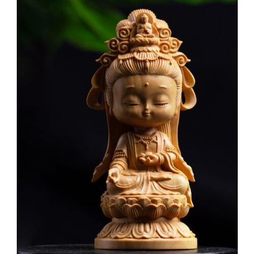 New woodcarving cartoon Guanyin statue Hand Carving Solid wood Buddhist Feng Shui Guanyin Home decoration accessories Statue
