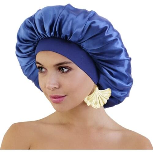 Extra Large Wide Band Satin Sleeping Cap High Premium Elastic Women Solid Color Bonnet Adult Night Protection Hair Hat Head Wrap