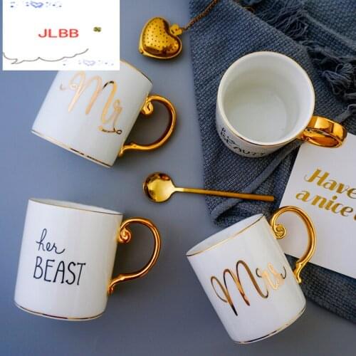 Luxury Gold His Beauty and Beast Mr and Mrs Diamond Porcelain Coffee Mug Tea Milk Ceramic Cups and Mugs Wedding Gift