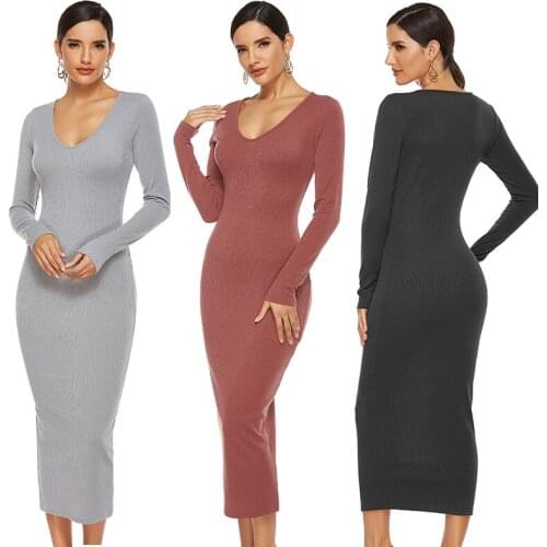 Sexy Dress Women V-neck Slim Womens Knit Long-sleeved Pullover Autumn Midi Sweater Dress Fashion Free Shipping Plus Size Casual