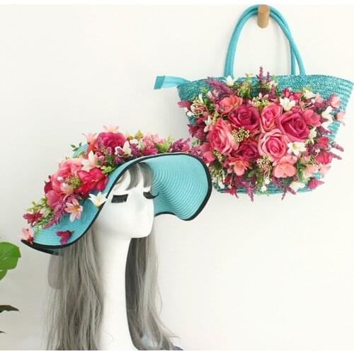 Luxury Handmade Straw Bag For Women Summer Rattan Bags 2021 New Beach Bag Pink Ribbon Flower Handbags With Sun Hat Set