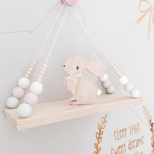 Home Decoration Solid Wood Wall Hanging Rack Nordic Macarons Wooden Bead Shelf Childrens Room Soft Decoration Storage Rack