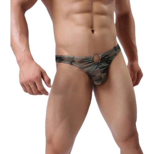 Army Men Sexy Low Rise Underwear Thong Male T-Back G String Briefs Underpants Bikini Metal Circle Camouflage Lingerie hombre