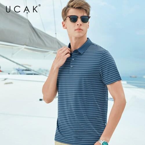 UCAK Brand Classic Turn-down Collar Striped T-Shirt Men Clothes Summer New Fashion Style Streetwear Casual Tee Tops U5608