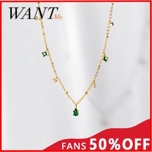 WANTME Luxury Pave Green Geometric Zircon Clavicle Chain Necklace for Women Real 925 Sterling Silver Princess Wedding Jewelry
