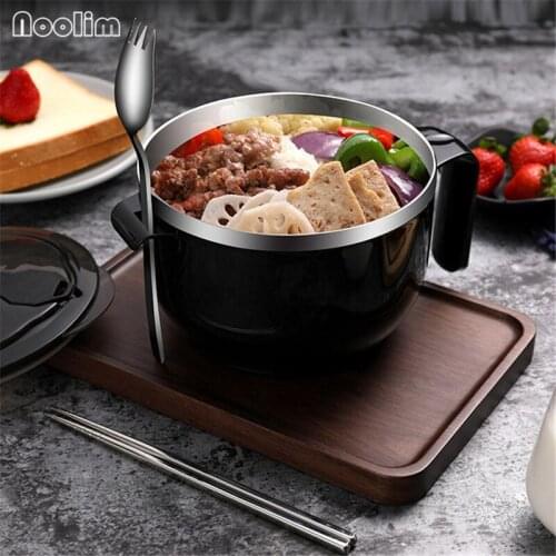Japanese Large Capacity Stainless Steel Instant Noodle Bowl Outdoor Soup Cup Portable Salad Bowl with Lid and Spoon Tableware