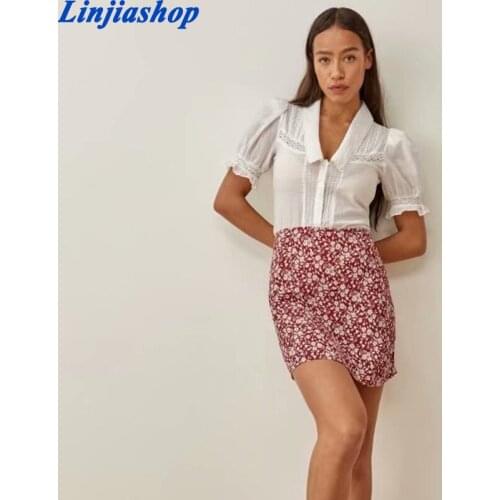 Streetwear Slim Chiffon Women A-line Skirt Harajuku Wine Red Floral Print Skirts Womens Summer Short Mini Skirt
