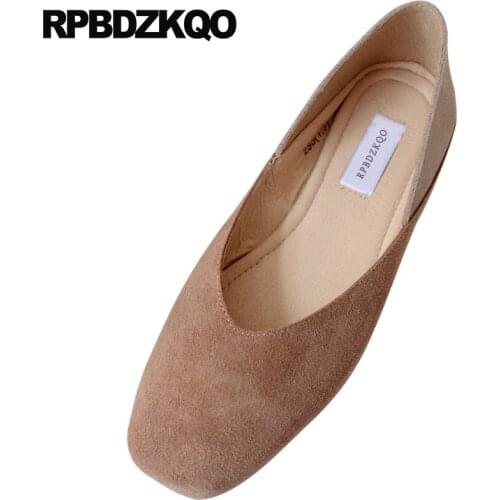 Genuine Leather Yellow Shoes Ladies Square Toe Japanese Soft Ballet Flats Women Nude Ballerina Big Size 41 Vintage Large Suede